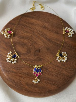 Blue with Pink Kundan Jadau Floral Invisible Necklace