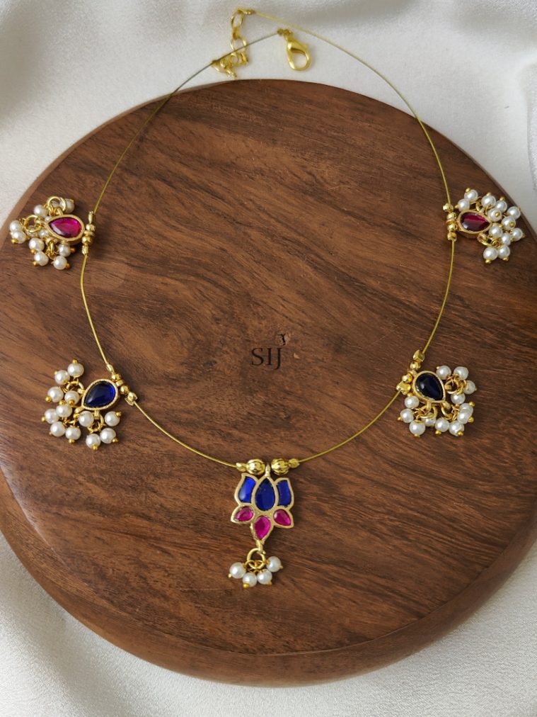 Blue with Pink Kundan Jadau Floral Invisible Necklace