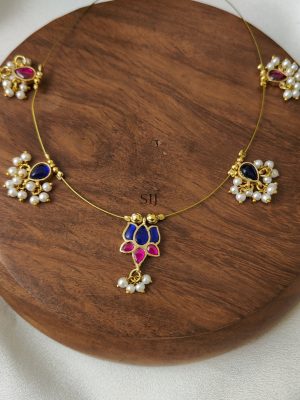 Blue with Pink Kundan Jadau Floral Invisible Necklace