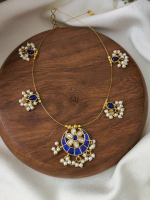 Blue with White Moon Shaped Kundan Jadau Invisible Necklace