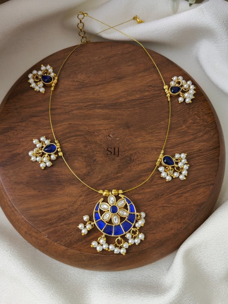 Blue with White Moon Shaped Kundan Jadau Invisible Necklace