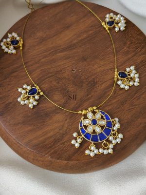 Blue with White Moon Shaped Kundan Jadau Invisible Necklace