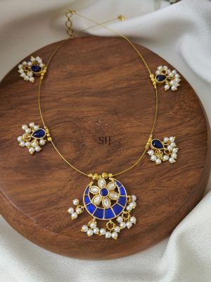 Blue with White Moon Shaped Kundan Jadau Invisible Necklace