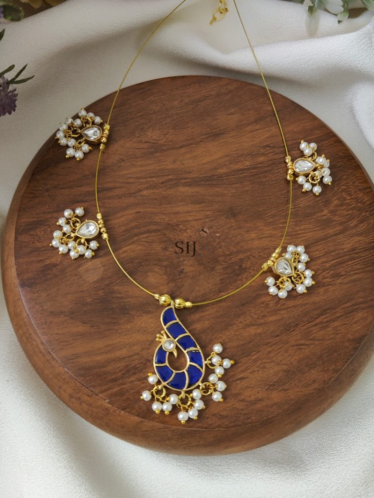 Blue with White Peacock Kundan Jadau Invisible Necklace
