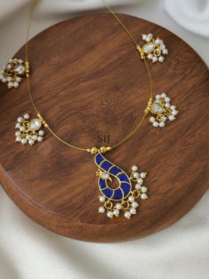 Blue with White Peacock Kundan Jadau Invisible Necklace