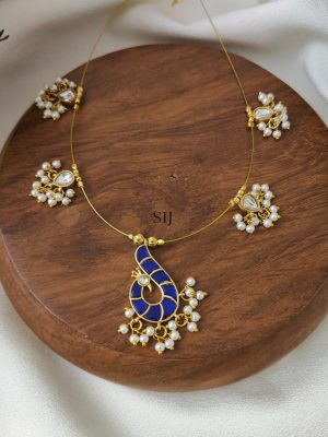 Blue with White Peacock Kundan Jadau Invisible Necklace