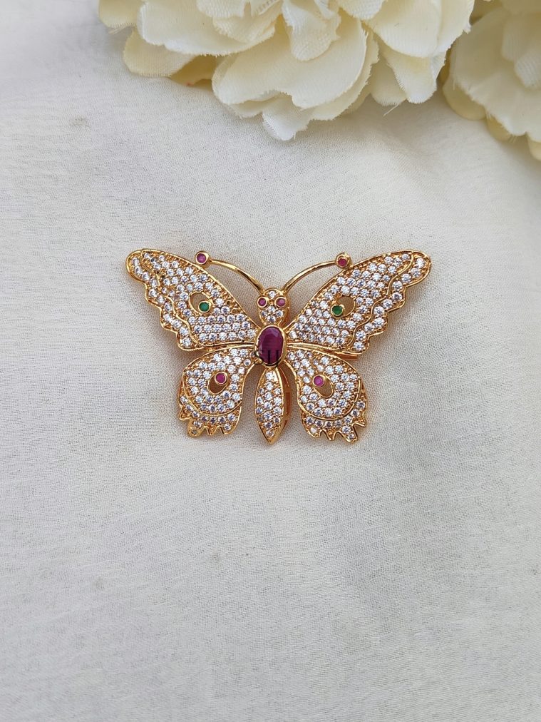 Butterfly Design White &Red Stones Studded Saree Pin