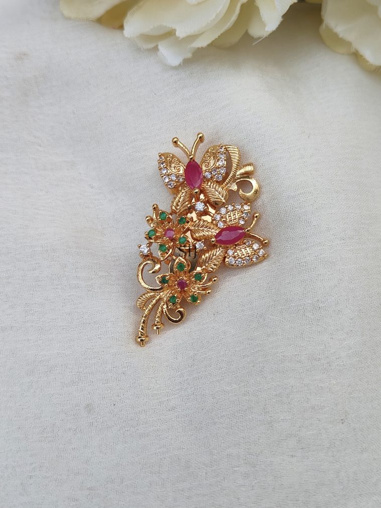 Butterfly Design White &Red Stones Studded Saree Pin