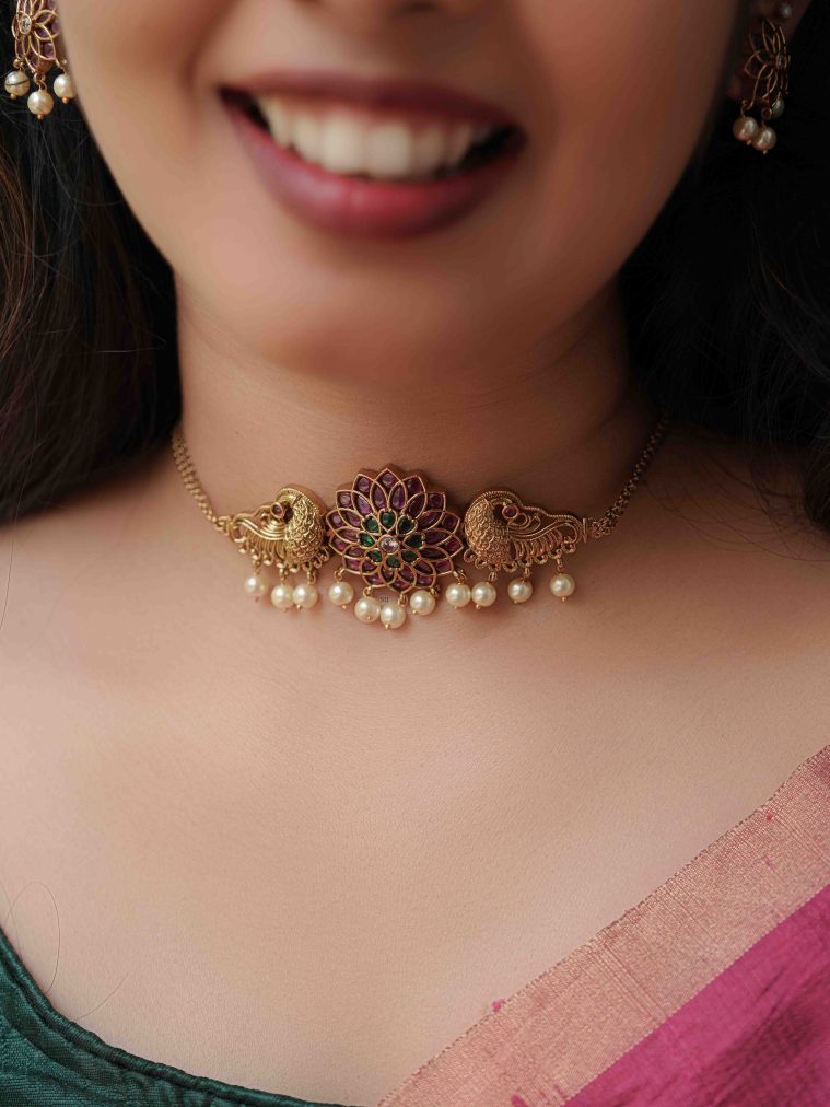 Dual Peacock Floral Design Kemp Stones Choker