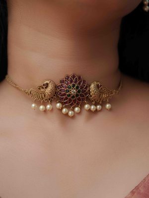Dual Peacock Floral Design Kemp Stones Choker