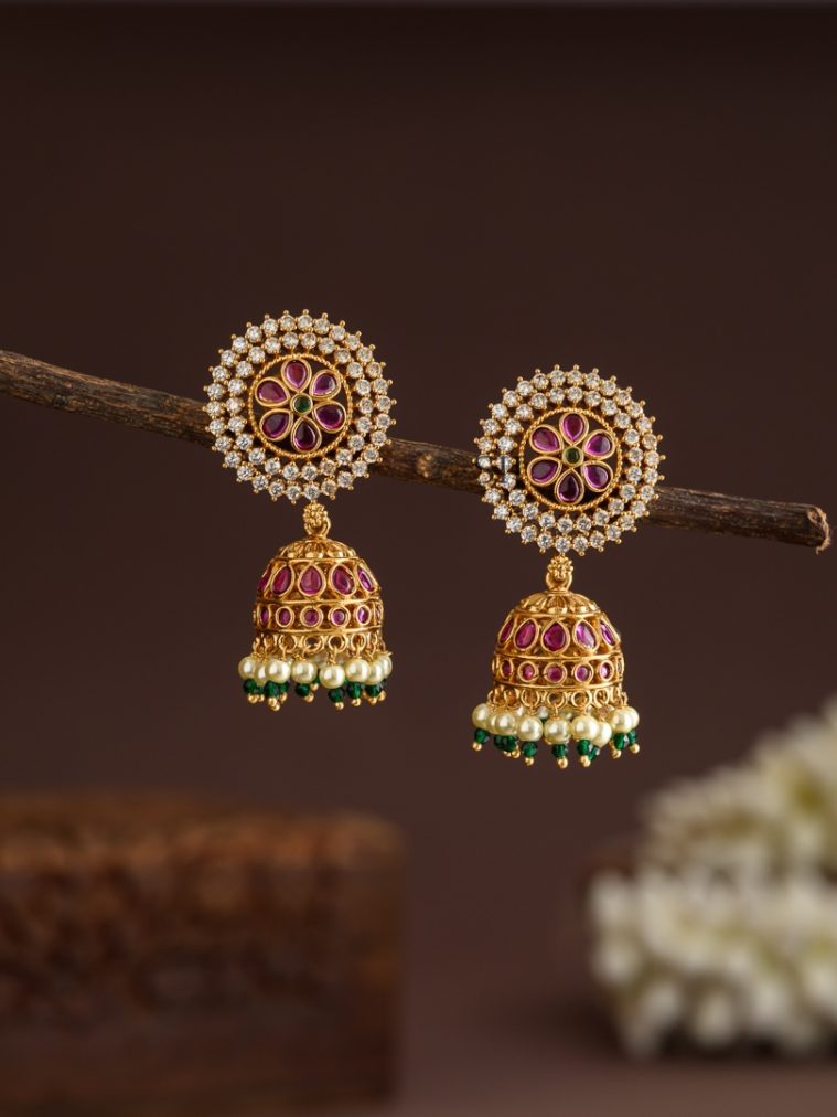 Floral Design AD Kemp Stone Pearl Dropped Jhumkas