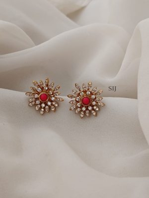 Floral Design Coral Bead Surrounded CZ Stones Ear Studs