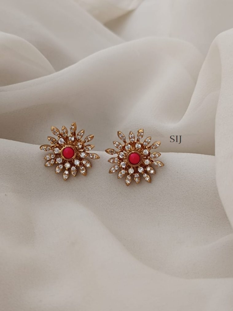 Floral Design Coral Bead Surrounded CZ Stones Ear Studs