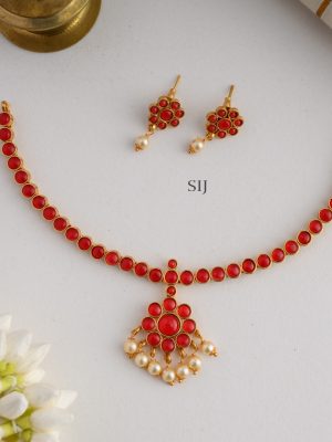 Floral Design Coral Kemp Stone Attigai Necklace