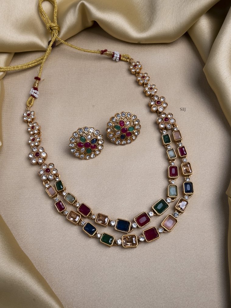 Floral Design Dual Line Multi Kemp Stones Necklace Set