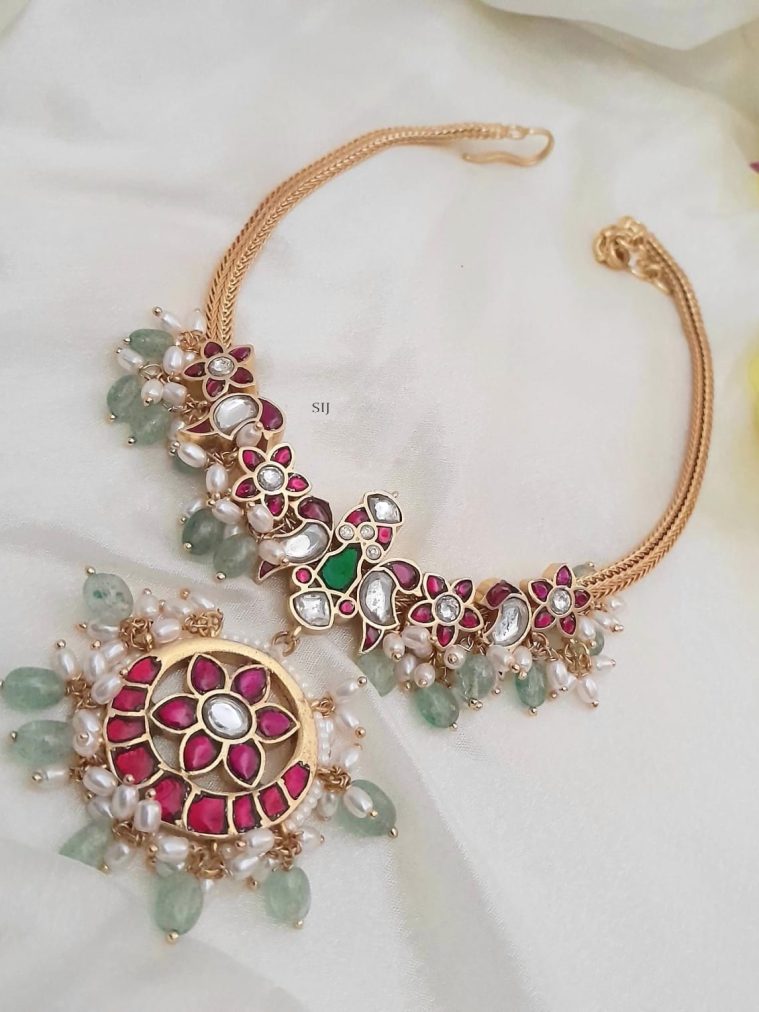 Floral Design Jadau Ruby Stone Pearl Dropped Necklace Set