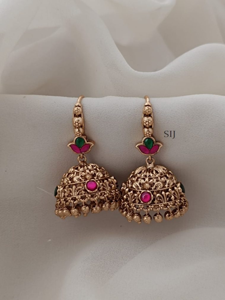 Floral Design Jadau Stone Hook Drop Jhumkas
