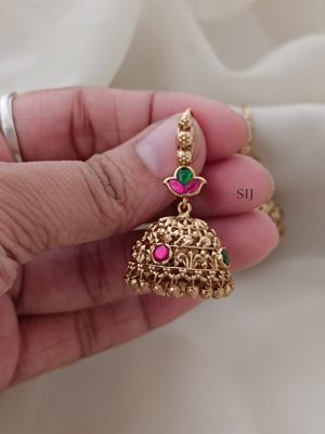 Floral Design Jadau Stone Hook Drop Jhumkas