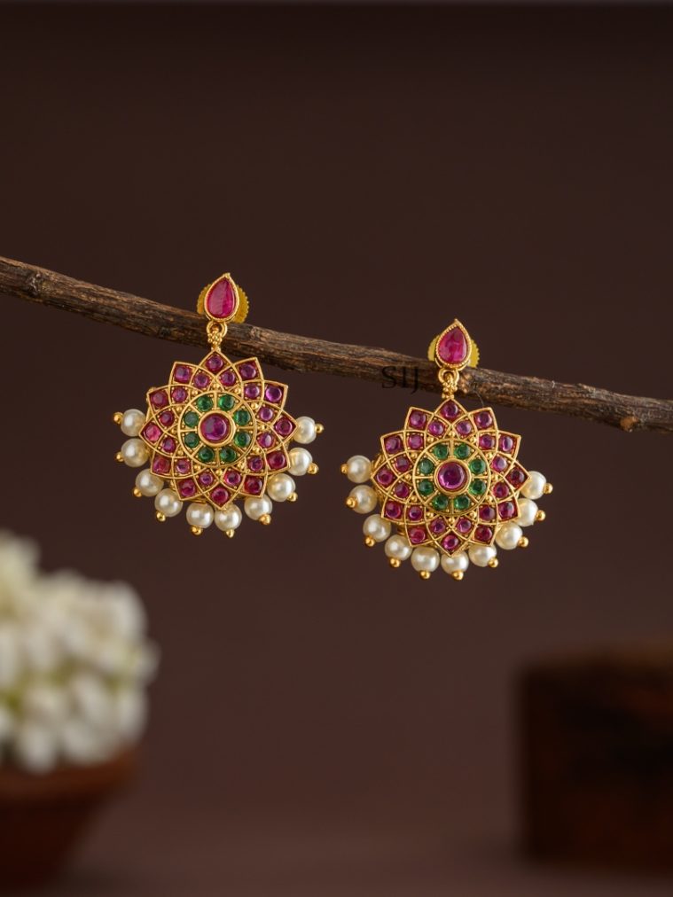 Floral Design Kemp Stone Pearl Dropped Earrings