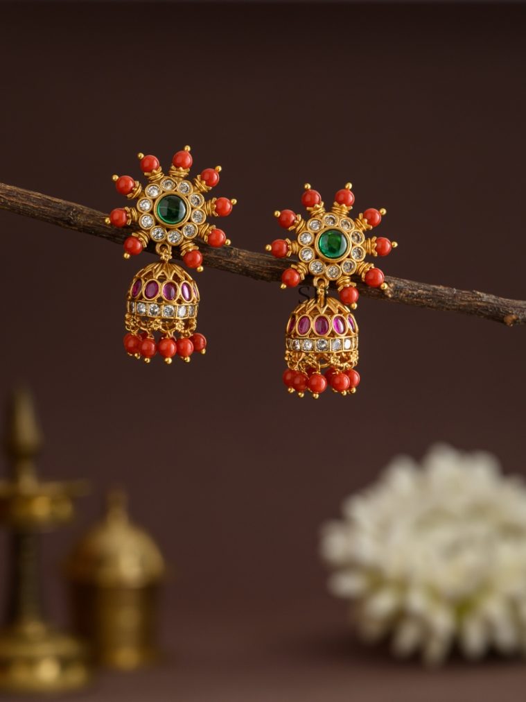Floral Design Multi Stone Coral Beads Studded Jhumkas