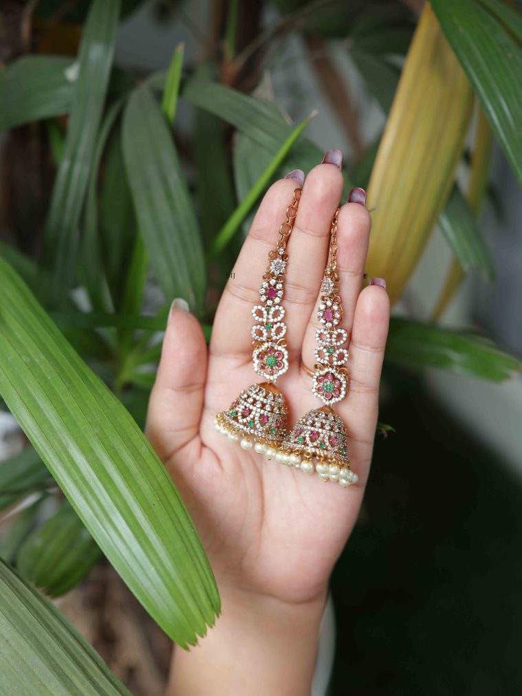 Floral Design Multi Stones Pearl Dropped Jhumkas with Mattals