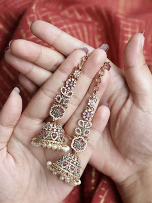 Floral Design Multi Stones Pearl Dropped Jhumkas with Mattals