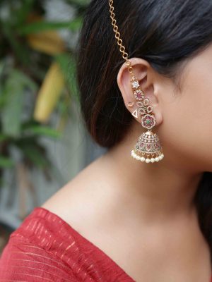Floral Design Multi Stones Pearl Dropped Jhumkas with Mattals