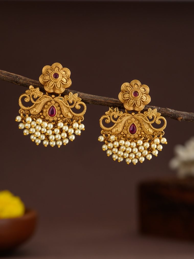 Floral Design Pearl Studded Earrings