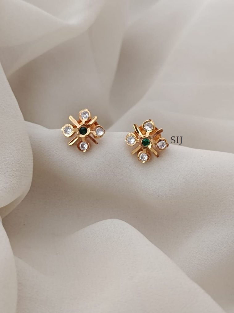 Floral Design White &Green Stones Ear Studs