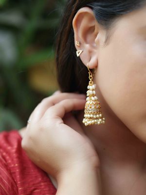 Floral White Stones Pearls Dropped Jhumkas