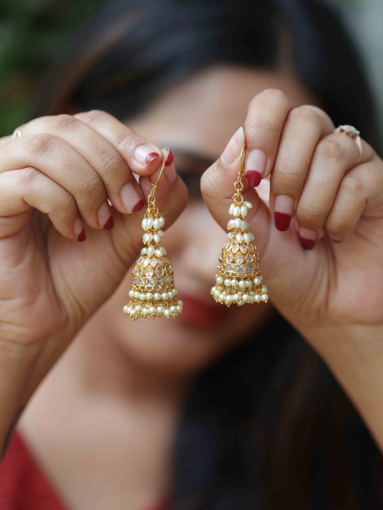 Floral White Stones Pearls Dropped Jhumkas