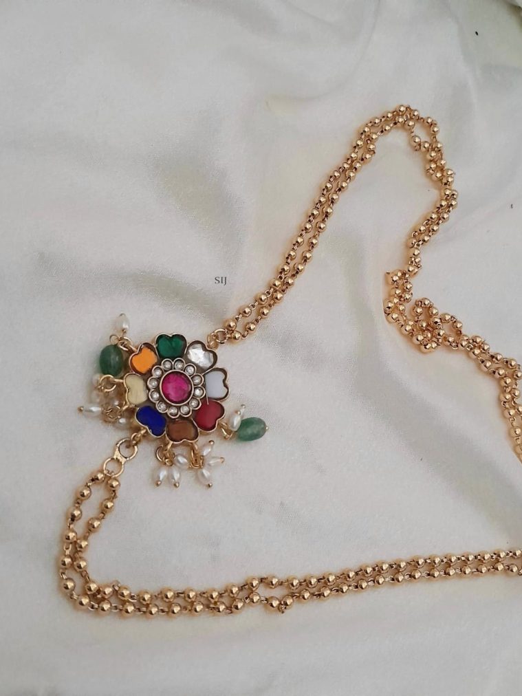 Gold Beaded Chain with Jadau kundan Floral Navratna Side Pendant