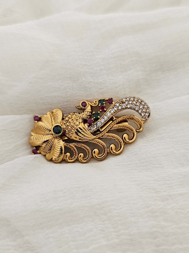 Gold Covering Peacock Design Saree Pin