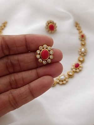 Gold Finish Coral Studded Necklace