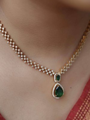 Gold Finish Emerald &Zircon Stones Necklace Set