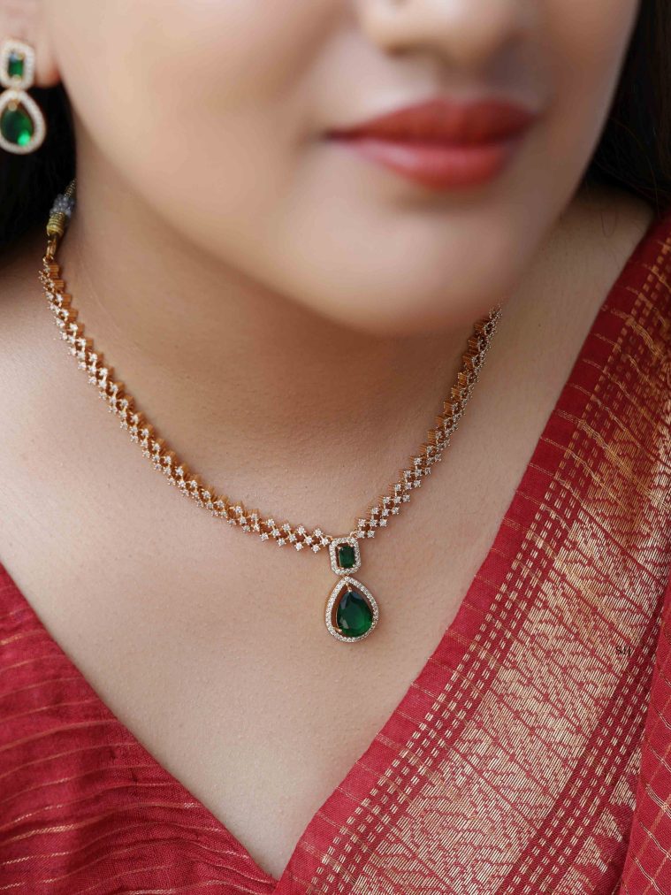 Gold Finish Emerald &Zircon Stones Necklace Set
