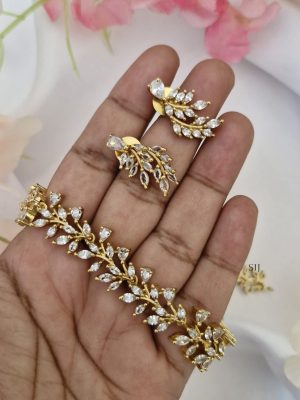 Gold Finish Leafy Design White Stones Necklace Set
