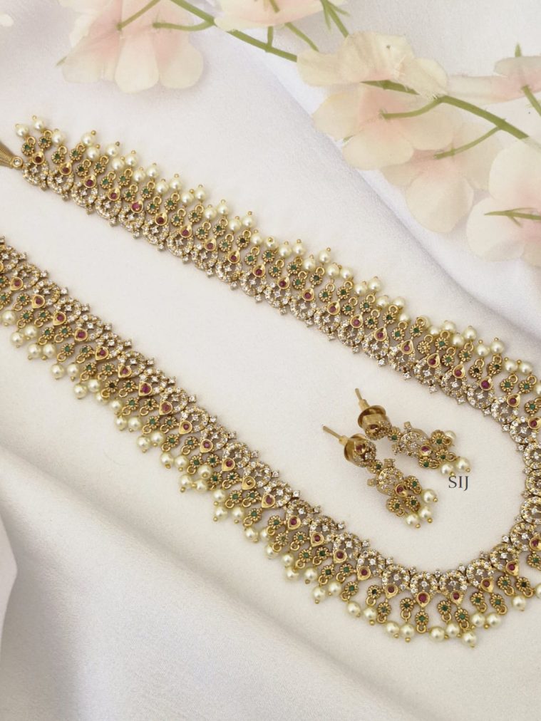 Gold Finish Multicolor Stones Pearls Dropped Long Haram Set