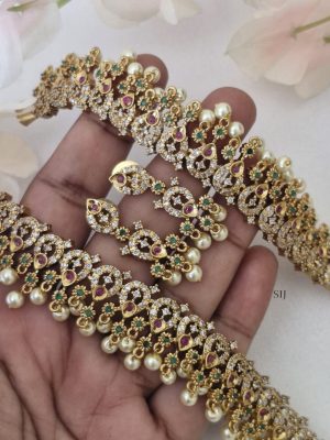 Gold Finish Multicolor Stones Pearls Dropped Long Haram Set