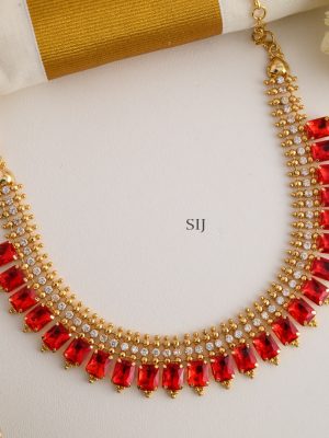 Gold Finish Red and White Stones Necklace Set