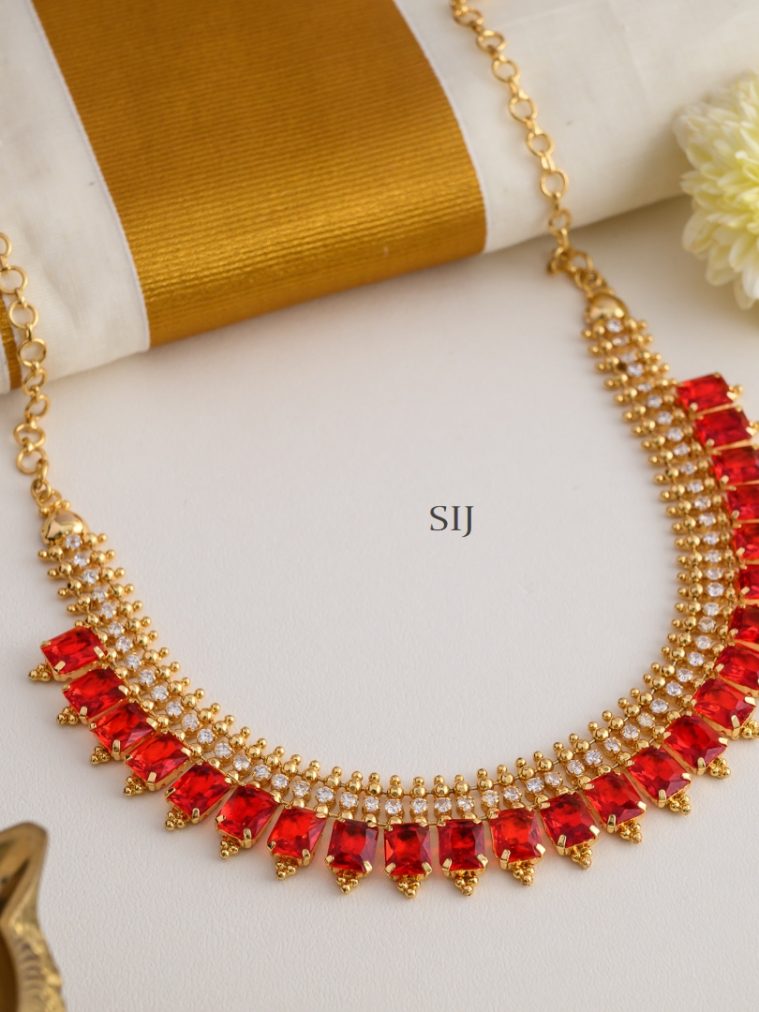 Gold Finish Red and White Stones Necklace Set