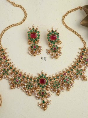 Gold Look Alike Guttapusalu Green with Ruby Necklace