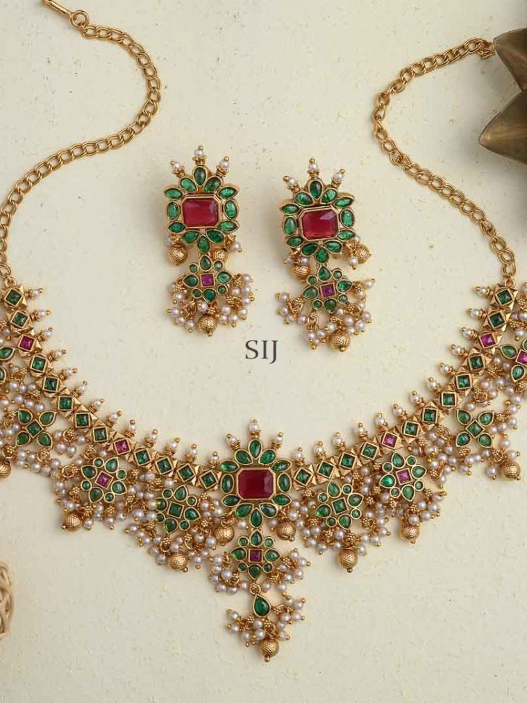 Gold Look Alike Guttapusalu Green with Ruby Necklace