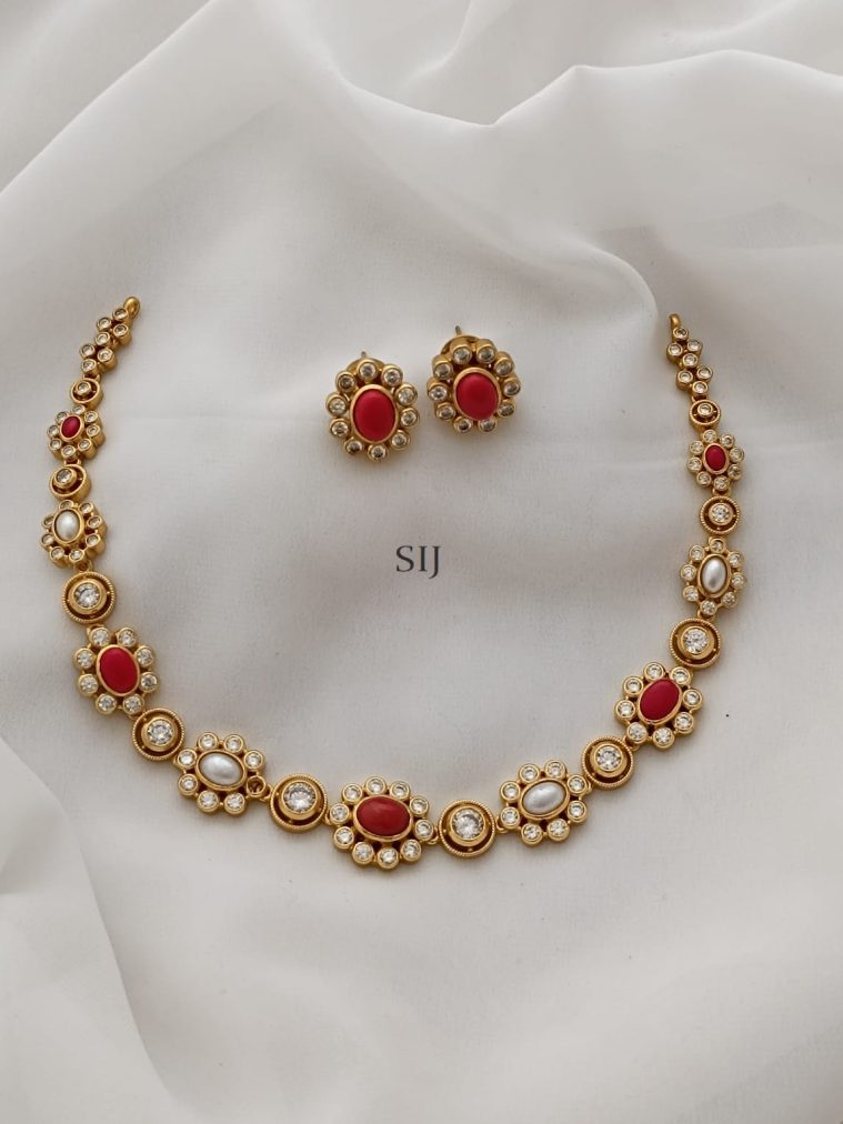 Gold Plated Coral & Pearl Studded Necklace