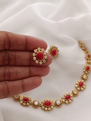 Gold Plated Coral & Pearl Studded Necklace
