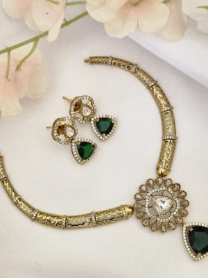 Gold Plated Floral Design White &Green Stones Necklace Set