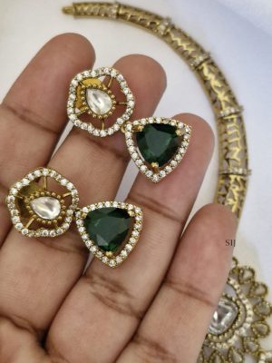 Gold Plated Floral Design White &Green Stones Necklace Set