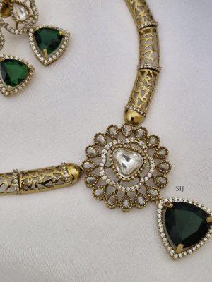 Gold Plated Floral Design White &Green Stones Necklace Set