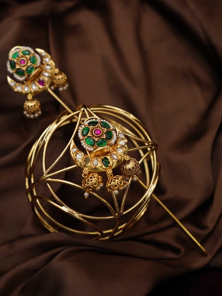 Gold Plated Green Stones &Pearl Studded Hair Cage Bun
