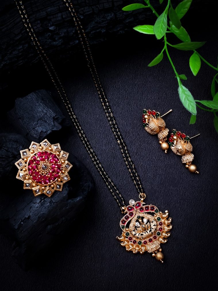 Gold Plated Kemp Stone Rajwadi Mangalsutra and Ring Combo Set